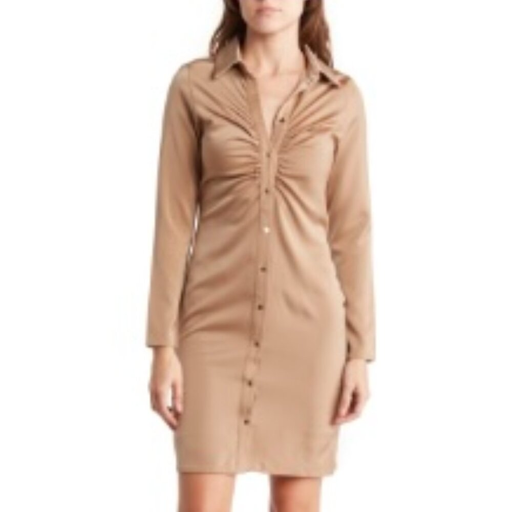 Beige Melloday Button Front Ruched Shirt Dress